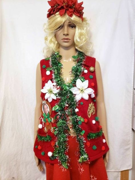 Christmas Hair Piece, Tacky Sweaters, Ugly Christmas Sweater Diy Funny, Funny Christmas Outfits, Christmas Sweater Outfits, Sweater Diy, Tacky Sweater, Ugly Christmas Sweater Vest, Diy Ugly Christmas Sweater