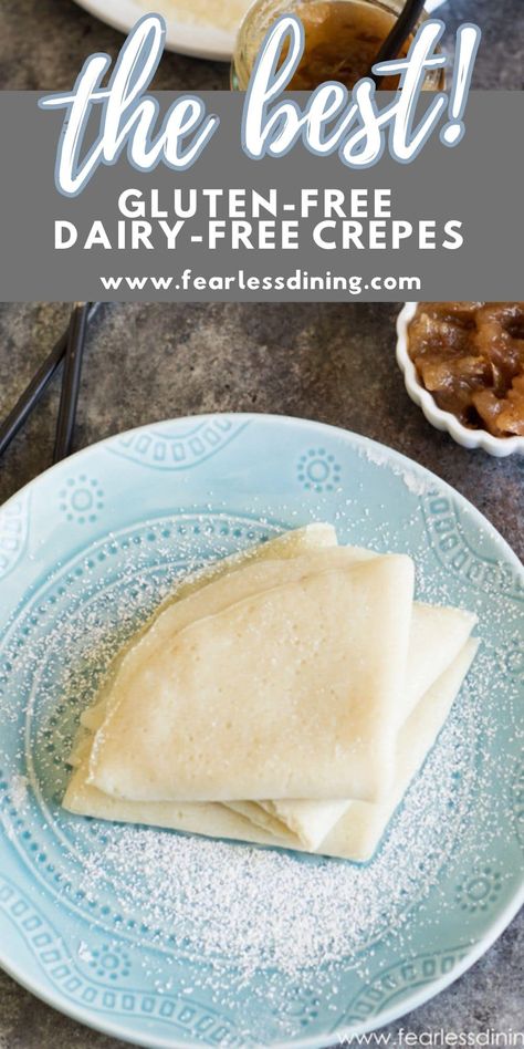 Love fluffy crepes? How to make dairy-free gluten free crepes in just a few easy steps. These dairy-free crepes are perfect for anyone with food allergies. Plus a video shows you how to make these crepes. Fill with jam or Nutella. Easy to make www.fearlessdining.com Dairy Free Crepes, Gf Crepes, Gluten Free Crepes Recipe, Crepes Easy, Fluffy Recipe, Tarte Vegan, Gluten Free Crepes, Glutenfree Recipe, Simple Desserts