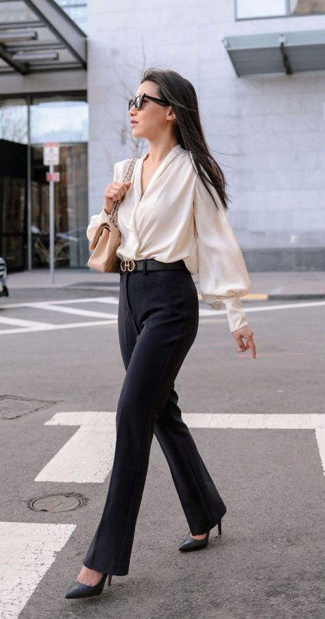 Office Slacks Women, White Blouse Formal Outfit, Classy Outfits Black Pants, Black Office Trousers Outfit, Black And White Formals For Women, Black And White Corporate Attire, Blouse And Slacks Women, Office Black Outfits Women, Black Slacks Women Outfit