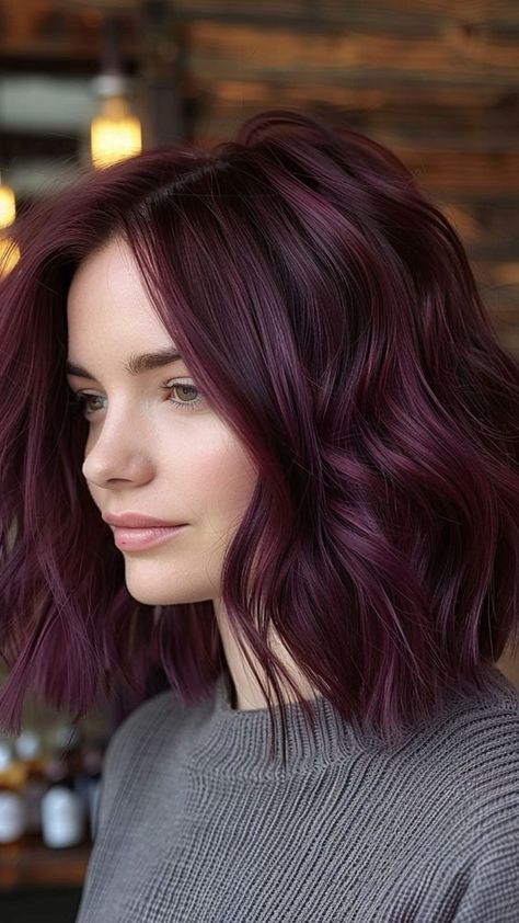 Purple Shade Hair Color, Copper Hair Colour Ideas, Colors To Add To Brown Hair, Purple Red Dark Hair, Purple Hair Fair Skin, Plum Coloured Hair, Dark Violet Red Hair Color, Deep Cherry Cola Hair, Purple Copper Hair