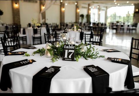 Black White And Green Reception, Black Tie Place Setting, White Tablecloth With Black Napkins, Black Napkin Wedding Place Settings, Ivory Tablecloth With Black Napkins Wedding, Simple Black Wedding Table Decor, Black White And Silver Table Decorations, Black Tablecloth White Napkins, Black And White Wedding Linens