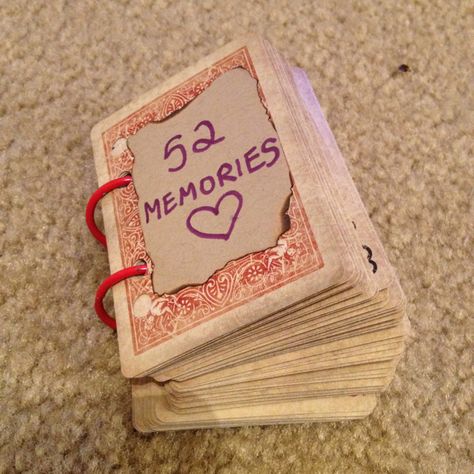 I tweaked the "52 things I love about you" project. Turned it into a 52 memories book for our 2 and a half year anniversary :) Half Year Anniversary, Cute Anniversary Ideas, Playing Card Crafts, Homemade Gifts For Boyfriend, Cute Anniversary Gifts, Memories Book, Diy Anniversary Gift, Handmade Gifts For Boyfriend, Homemade Anniversary Gifts