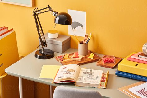 Office Product Photography, Desk Photoshoot, Desk Photography, Desktop Photography, Colorful Books, Bright Office, Wine Logo, Desk Layout, Desk Essentials