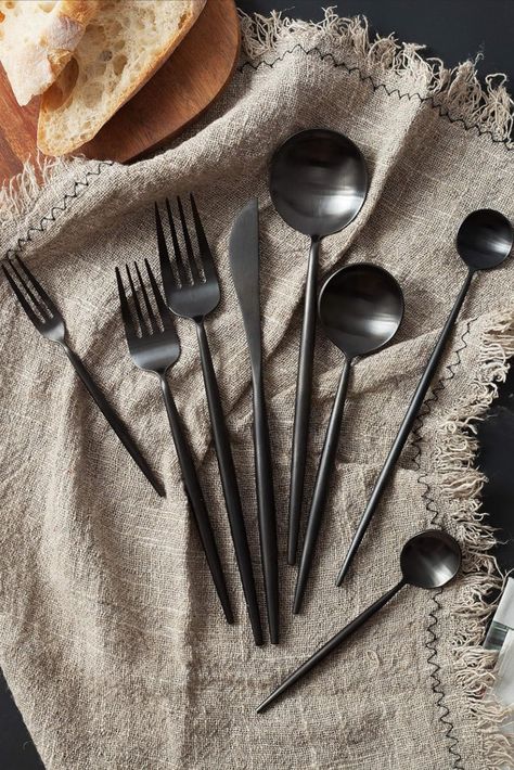 Homelux Theory 18/10 Matte Black Silverware Set Stainless Steel Black Flatware Set Black Utensil Set| 5-Piece Adaline Royal Modern Cutlery Set| Best Birthday Wedding Gift (2 Sets, Black Matte Polish) Modern Cutlery Set, Matte Black Utensils, Matte Black Cutlery, Black Matte Silverware, Aesthetic Cutlery Set, Kitchen Wear Aesthetic, Black Kitchenware, Matte Black Kitchen Accessories, Cutlery Aesthetic