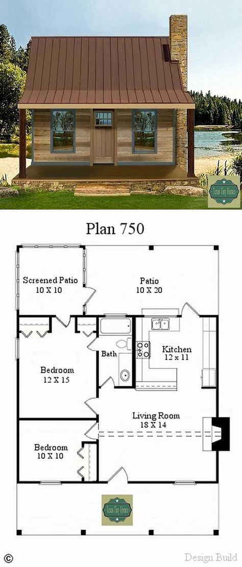 Texas Tiny Homes ~ 750 a/c sq. ft. Two  bedrooms; 1 bath; family room with fireplace; sleeping loft, optional. Interior finish – custom. 10′ X 30′ screened-in back porch, 8′ X 30′ covered front porch. Built on slab, or pier and beam.  Exterior facade – custom. **No washer & dryer space shown; guess you get to go to the laundromat.   . . .   ღTrish W ~ http://www.pinterest.com/trishw/  . . . .   #cottage #cabin Design Interior Modern, Wohne Im Tiny House, Plan Chalet, Pelan Rumah, Tiny Cabins, Cottage Plan, Tiny Cabin, Hus Inspiration, Tiny House Cabin