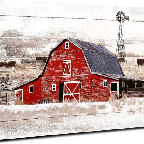 Red Barn Wall Art Rustic Farmhouse Barn Wall Decor, Windmill Country Yak Old Barn Canvas Picture Framed Artwork Wood Texture Print Painting Decoration for Home Living Room Bedroom Ready to Hang 16x24 Old Barn Paintings, Red Barn Painting, Windmill Landscaping, Artwork Wood, Windmill Wall Decor, Farmhouse Pictures, Canvas Picture Frames, Barn Wall Art, 2024 Art