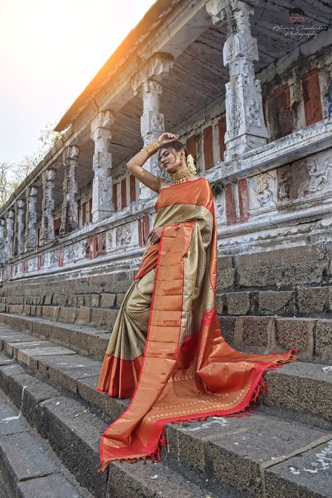 Kanjivaram Saree Photography on Behance Traditional Saree Photoshoot Poses In Temple, Saree Shoot Photography Outdoor, Temple Saree Photoshoot, Saree Poses In Temple, Temple Photoshoot Women, Saree Shoot Photography, Aesthetic Saree Photography, Traditional Photoshoot Ideas, Bold Saree Photoshoot