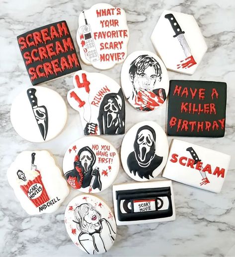 Rilynn's Scream theme 14th birthday sugar cookies 😯 Happy Birthday! #scream #screamtheme #screamcookies #14 #knife #mask #scarymovies… | Instagram Scream Movie Cookies, Ghost Face Cookies, Ghostface Cookies, Scream Themed Birthday Parties, Scream Themed Party, Ghostface Birthday, Killer Birthday Theme, Ghostface Party, Scary Cookies