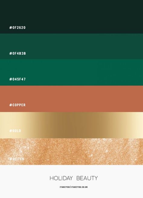 Copper, Green, Gold and Glitter Colour Scheme { Holiday Colour Combo } Copper Colour Palette, Green Combination, Green Color Combinations, Gold Color Combination, Gold Color Palettes, Color Cobre, Gold Palette, Green Color Schemes, Gold Color Scheme