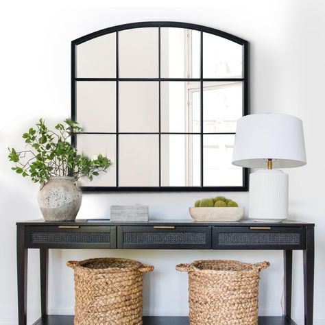 Round Mirror In Entryway, Mirror For Mantel, Black Paned Mirror, Arch Mirror Entryway Table, Black Mirror Over Dresser, Sideboard And Mirror Ideas, Console Table Living Room Decor, Entryway Decor With Window, Black Entryway Mirror