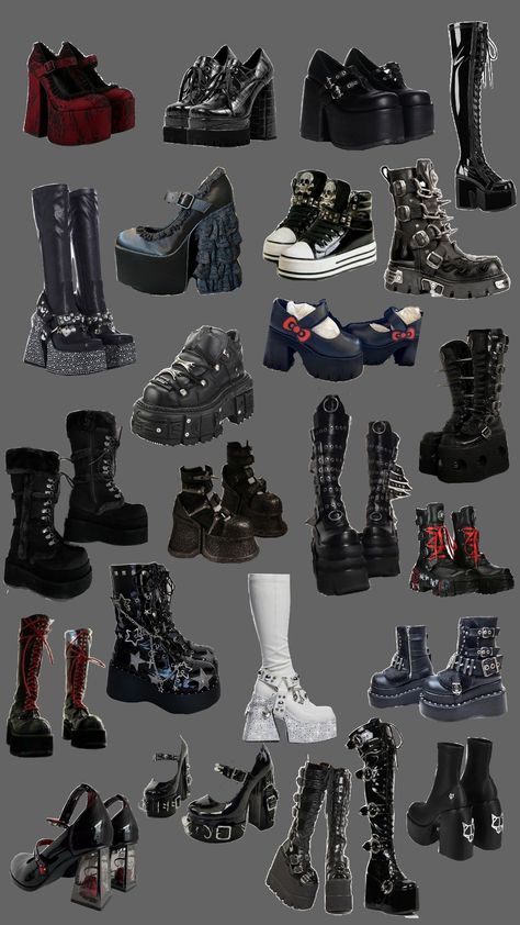 #shoes #punk #goth #gothic #boots Shoes Gothic Style, Goth Black Boots, How To Style Chunky Shoes, Gothic Boots Outfit, Romantic Goth Shoes, Boots Names, Yk2 Shoes, Goth Shoes Aesthetic, Goth Boots Outfit