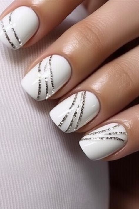 Elevate Your Nail Art Game: White Nails with Diamonds Nail Line Designs Ideas, Wedding Nails White And Silver, White Dip Nail Designs, White Sparkly Nail Designs, White And Silver Wedding Nails, White Nails With Silver Designs, Nail Art On White Nails, Black White Nails Designs, Nails With Rhinestones Simple