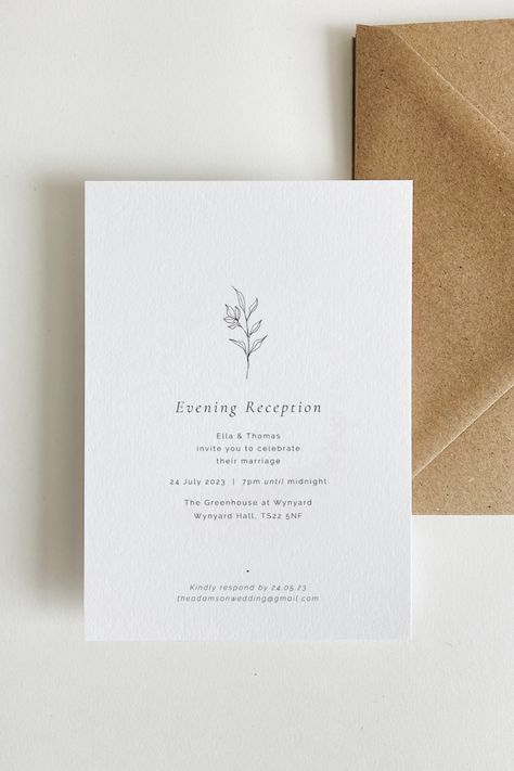 Our simple wedding evening invitations are printed with a delicate foliage sprig & a timeless font combination. Evening Invites Wedding, Wedding Evening Invitations, Simple Invitations Wedding, Simple Wedding Invite, Wedding Invitations Layout, Timeless Wedding Invites, Simple Wedding Invitations Minimalist, Wedding Invitation Simple Elegant, Simple Wedding Invites