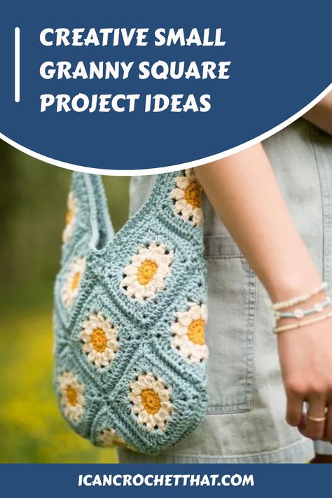 Person carrying a crochet bag with granny square designs. Small Granny Square Projects, Pretty Granny Squares, Small Granny Square Pattern, Granny Square Sampler, Small Granny Square, Granny Square Project, Granny Square Patterns, Color Squares, Granny Square Projects