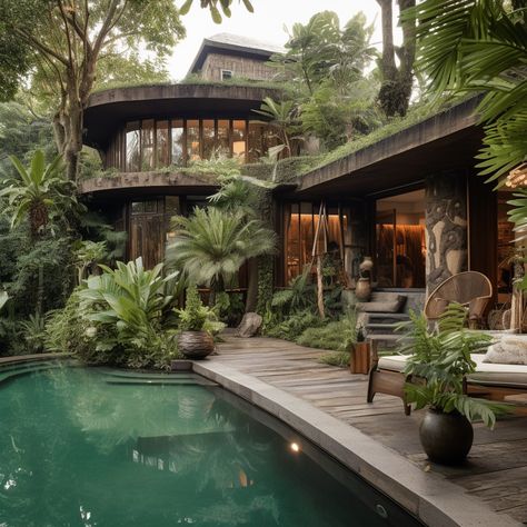 Eclectic villa in the jungle :: Behance Thailand Interior Design, Tropical Home Exterior, Backyards With Pools, Jungle Villa, Hawaiian House, Creative Landscaping, Space Story, Jungle House, Luxury Houses Mansions