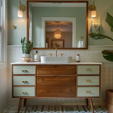 8+ Mid-Century Modern Bathroom Furniture Ideas for Retro Appeal • 333+ Art Images 50s Modern Bathroom, Mid Century Interior Bathroom, Mid Century Modern Spa, Mid Century Modern Bathrooms, Mid Century Modern Bathroom Small, Mid Century Modern Bathroom Design, Bathroom Mid Century Modern, Mid Mod Bathroom, Modern Mid Century Bathroom