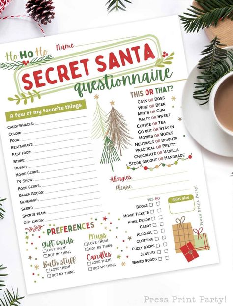 Free Printable Secret Santa Questionnaire for Adult Gift Exchanges Christmas Gift Questionnaire, Secret Santa Messages, Printable Secret Santa Questionnaire, Secret Santa Questions, Secret Santa Templates, Secret Santa Form, Secret Santa Game, Santa Questionnaire, Christmas Party Inspiration