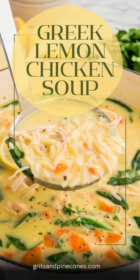 Plan dinner tonight with this easy recipe for a warm and cozy bowl of soup! This Greek lemon soup with chicken and orzo is also called Avgolemono, and it is made with the irresistibly delicious flavors of fresh lemon, juicy chicken, spinach, and orzo pasta. This is the ultimate comfort food, and the perfect dish for a cold winter night! Greek Lemon Soup, Lemon Orzo Soup, Chicken And Orzo, Avgolemono Soup, Greek Lemon Chicken Soup, Soup With Chicken, Lemon Soup, Lemon Chicken Soup, Orzo Soup