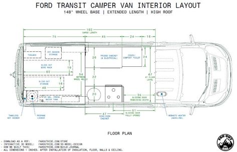 FarOutRide Camper Van Floor Plan and Interior Layout PDF (V1, rev A, page 3) (600px) Ford Transit Layout, Ford Camper Van Interior, Ford Transit Van Conversion Layout, Ford Transit Camper Van Layout Floor Plans, Ford Transit Van Conversion Floor Plan, Campervan Layout Floor Plans, Camper Van Floor Plans, Small Van Conversion Ideas Layout Floor Plans, Transit Van Conversion Layout