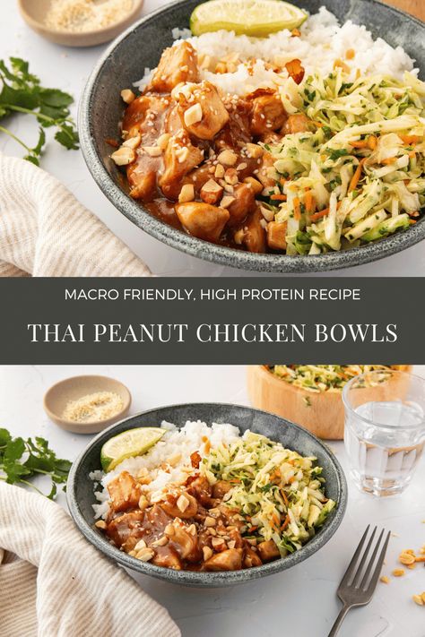 Thai Peanut Chicken Rice Bowl, Thai Turkey Bowl, Peanut Chicken Protein Bowl, Thai Chicken Peanut Bowl, Peanut Miso Chicken, Crockpot Thai Peanut Chicken, Curry Peanut Chicken, Thai Bowl Recipes, Thai Peanut Bowl