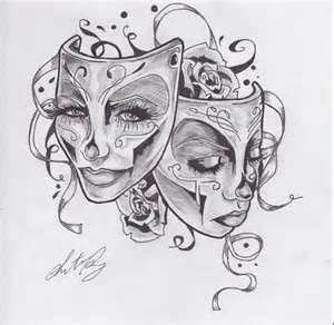 Picture it & Write creative writing prompt for May 11, 2014 comedy tragedy mask Theater Mask Tattoo, Theatre Tattoo, Element Tattoo, Comedy Tragedy Masks, Catrina Tattoo, Drama Masks, Mask Drawing, Gemini Tattoo, Theatre Masks