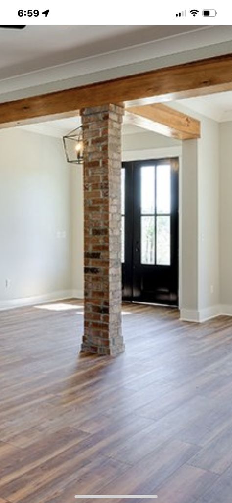 Inside Columns Living Rooms, Brick Pillars Interior, Brick Interior Columns, Interior Pillar Covering Ideas, Columns Inside House, Interior Column Wraps, Stone Columns Interior, Wood Pillars Interior, Pillars In Home