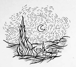 Starry Night Line Drawing, Van Gogh Line Art Tattoo, Starry Night Tattoo Design, Van Gogh Starry Night Drawing, A Starry Night Tattoo, Line Art Van Gogh, Van Gogh Line Drawing, Tattoo Ideas Van Gogh, Van Gogh Outline