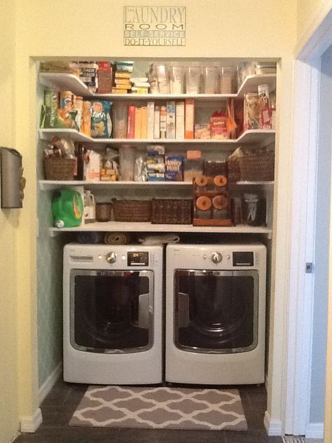 Laundry Closet And Pantry, Pantry Laundry Closet Combo, Pantry Above Washer And Dryer, Dining Laundry Combo, Pantry Laundry Room Combo Small Spaces Stacked, 90s Laundry Room, Laundry Room Turned Into Pantry, Laundryroom Pantry Combo Small, Laundry Room Pantry Combo Diy