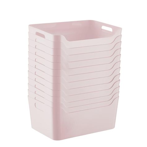 Case of 12 of Smoke Soft Pink Storage Bins with Handles | The Container Store Pink Storage Bins, Room Wishlist, Pink Storage, Large Plastic Storage Bins, Plastic Storage Bin, Pantry Organizers, Decorative Storage Boxes, Cute Bedroom Decor, The Container Store