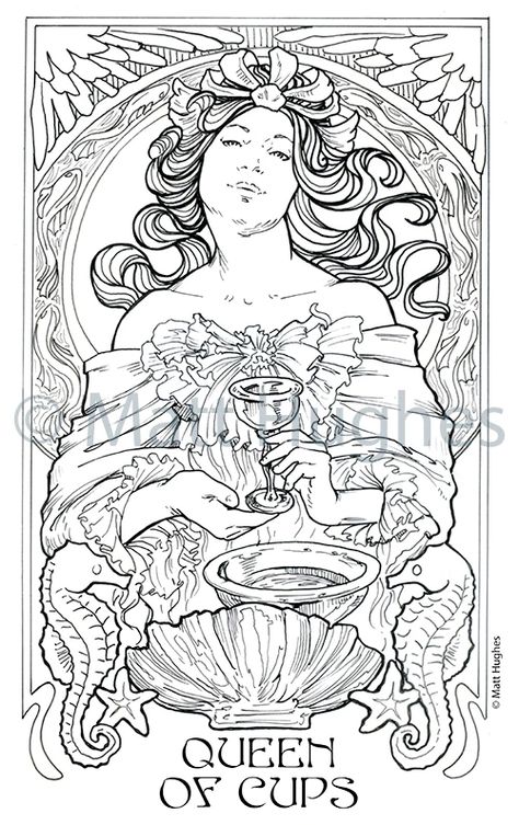 Ethereal Visions Tarot Coloring Book - Art Nouveau by Matt Hughes �— Kickstarter Ethereal Visions Tarot, Tarot Printable, Queen Of Cups, Fleurs Art Nouveau, Mucha Art, Art Nouveau Illustration, Desain Editorial, 카드 디자인, Tarot Cards Art