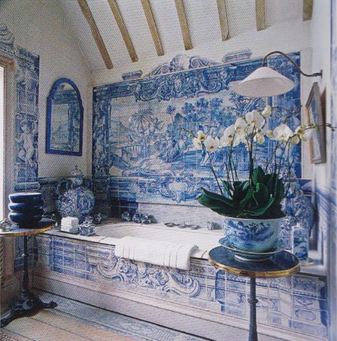 Eye For Design: Decorating With Azulejos, Portuguese Blue And White Tiles Portuguese Tiles Bathroom, Blue And White Tiles, Portuguese Tile, Blue White Decor, Portuguese Tiles, White Tiles, Blue Decor, Dream House Decor, White Decor