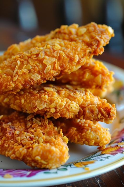 Looking for a delicious twist on a classic favorite? Try our crispy cornflake chicken tenders recipe! These flavorful and golden-brown tenders are perfect for a quick weeknight dinner or as a party appetizer that will have everyone asking for seconds. Simple to make and oh-so flavorful, these cornflake chicken tenders are sure to become a family favorite in no time. Serve them with your favorite dipping sauce or alongside some fresh veggies for a complete meal that's both tasty and satisfying. Cornflakes Chicken Tenders, Chicken Tenders With Corn Flakes, Corn Flake Chicken Tenders, Savory Food Ideas, Cornflakes Chicken, Cornflake Chicken Tenders, Popeyes Food, Crispy Tenders, Cornflake Chicken