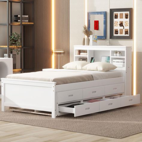 PRICES MAY VARY. 【Unique Kids Bed with Bookcase Headboard】: This twin captain’s bed plus bookcase headboard to store all those frequent used items; books, phones, tablets or even display decorative pieces, perfect storage bed for kids bedroom. 【Twin Bed with Trundle and 3 Drawers】: This twin size captain bed is designed to take up minimal space for multiple users, while a roll-out trundle is fitted underneath for the spontaneous sleepover guest. Three 15.7 inch deep drawers included in this mate Wood Twin Bed, Twin Storage Bed, Bed With Storage Headboard, Full Size Platform Bed, Storage Headboard, Wooden Platform Bed, Modern Platform Bed, Storage Platform, Bookcase Headboard