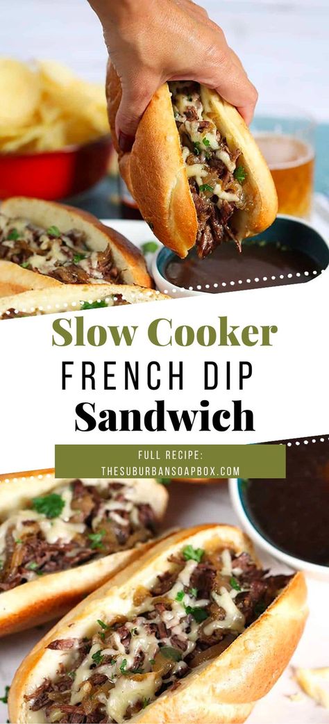 Hearty, beefy, stick to your ribs DELISH! This Slow Cooker French Dip Sandwich couldn’t be easier to make. Cooked low and slow for hours in a beefy stock loaded with herbs, spices, onions and BIG flavor, tender beef is the centerpiece for one epic sandwich. Easy Slow Cooker French Dip, French Dip Sandwich Recipe, Crock Pot French Dip, Slow Cooker French Dip Sandwiches, French Dip Recipes, Slow Cooker French Dip, French Dip Crock Pot, French Dip Sandwiches, Dip Sandwiches