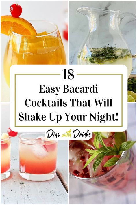 Collage of 4 easy bacardi cocktails. Bacardi Cocktails Easy, Bacardi Shots Recipes, Cocktails With Bacardi Rum, Mixed Drinks With Bacardi, Bacardi Rum Drinks Recipes, Bacardi Cocktails Recipes, Bacardi Drinks Recipes Easy, Bacardi Limon Drinks Cocktail Recipes, Bacardi Drinks Recipes