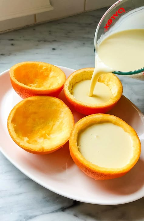 This easy and creamy orange posset recipe with brûlée topping is a refreshing citrus dessert that is always a crowd-pleaser. And it looks as good as it tastes. Peach Creme Brulee, Vegan Orange Desserts, Orange And Lemon Recipes, Orange Custard Pie, Lemon Posset Brulee, Citrus Baked Goods, Orange Mousse Recipe, Orange Posset Recipe, Posset Recipe Desserts