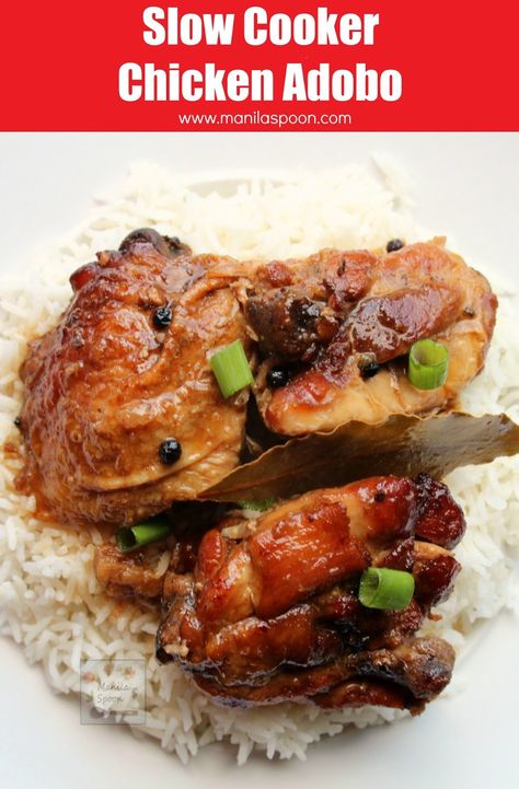 Chicken slowly braised in vinegar, soy sauce, garlic and bay leaves until fall-off-the-bone tender and DELICIOUS. This classic dish can be made a day ahead and tastes even better the next day! Slow Cooker Chicken Adobo | manilaspoon.com Nanas Recipes, Soy Sauce Garlic, Chicken Adobo, Easy Slow Cooker Chicken, Adobo Chicken, Filipino Food, Bay Leaves, Filipino Recipes, Classic Dishes