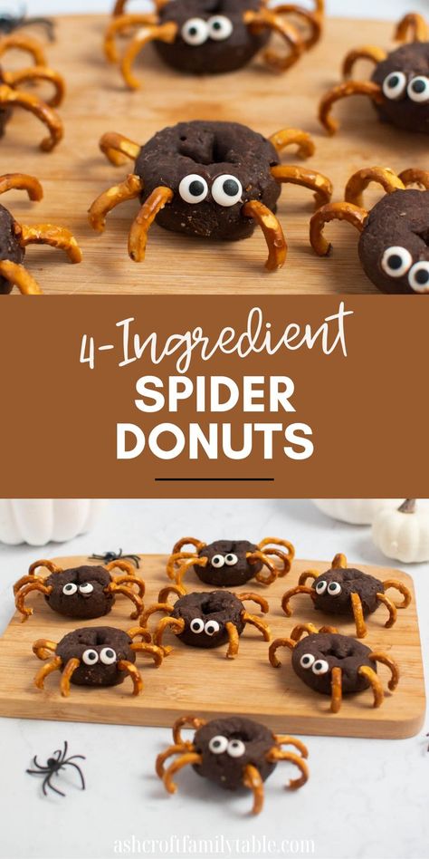 Mini chocolate-covered spider donuts Halloween dessert and treat. Halloween Sweet Treats For Kids School, Halloween Food Ideas For School Party, Mini Donut Halloween Treats, Donut Monsters For Halloween, Halloween Easy Recipes For Kids, Pretzel Halloween Ideas, Halloween Snack School, Salty Halloween Snacks For School, Spider Veggie Tray