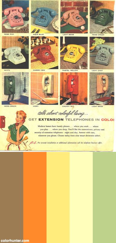 1950s Color Palette, Vintage Color Schemes, Vintage Colour Palette, Retro Color Palette, Retro Bedrooms, Old Advertisements, Motif Vintage, Old Ads, Telephones