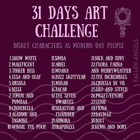 Draw Disney Characters as modern-day people. 31 Days Art Challenge!! People Drawing Challenge, 30 Days Digital Art Challenge, 31 Day Challenge Drawing, 31 Days Of Drawing Challenge, 5 Day Drawing Challenge, Disney Drawing Prompts, 30 Day Disney Drawing Challenge, Drawing Challenge 31 Day, Drawing Day Challenge