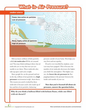 Air Pressure- Air pressure is the force exerted on you by the weight of tiny particles of air (air molecules). Ex-coffee mugs have little air vents on them that let air flow through the mug, this allows the coffee to be released. When this air vent is covered you can't drink the coffee due to no air flow. Air Pressure Worksheet, Teaching Weather, Force And Pressure, Weather Science, Weather Unit, 7th Grade Science, 8th Grade Science, 4th Grade Science, Geography Lessons