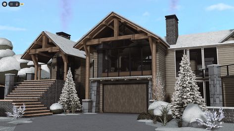 Winter Cabin Exterior Bloxburg, Cabin Bloxburg House Layout, Bloxburg House Ideas Cabin, Bloxburg Cabin Layout, Bloxburg Log Cabin, Hillside House Bloxburg, Bloxburg Hillside House, Modern Winter Cabin, Bloxburg Winter Cabin