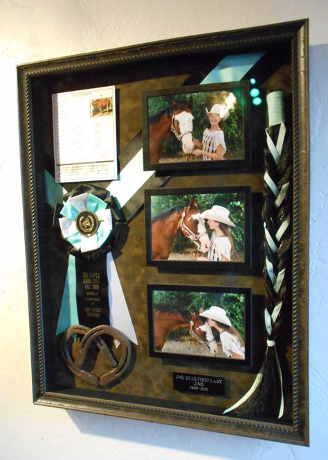 Memorial Shadowbox for a beloved horse Shadow Box Horse Show Ribbons, Ribbon Shadow Box Ideas, Ideas Of Things To Do With Old Horse Show Ribbons, Horse Diy Decor, Western Shadow Box Ideas, Horse Ribbon Shadow Box Ideas, Shadow Box For Horse Memorial, Shadow Box Horse Memorial, 4-h Horse Projects