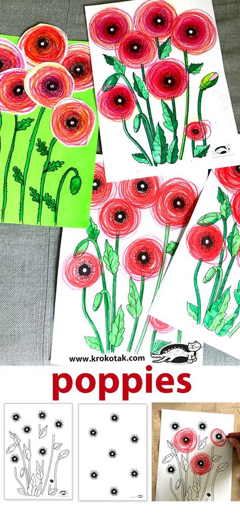 Poppies Step By Step Poppy Drawing, Simple Poppy Painting, Poppy Craft Kindergarten, Poppy Flower Craft Veterans Day, Poppy Art Grade 3, Kids Poppy Craft, Poppy Projects For Kids, Paper Poppy Template, Poppy Art Grade 1