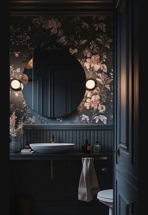 Dark Hall Bathroom, Dark Glam Bathroom, Dark Plum Bathroom, Small Dark Toilet Room, Moody Downstairs Toilet, Dark Blue Moody Bathroom, Dark Cloakroom Toilet, Darker Bathroom Ideas, Dark Maximalism Bathroom