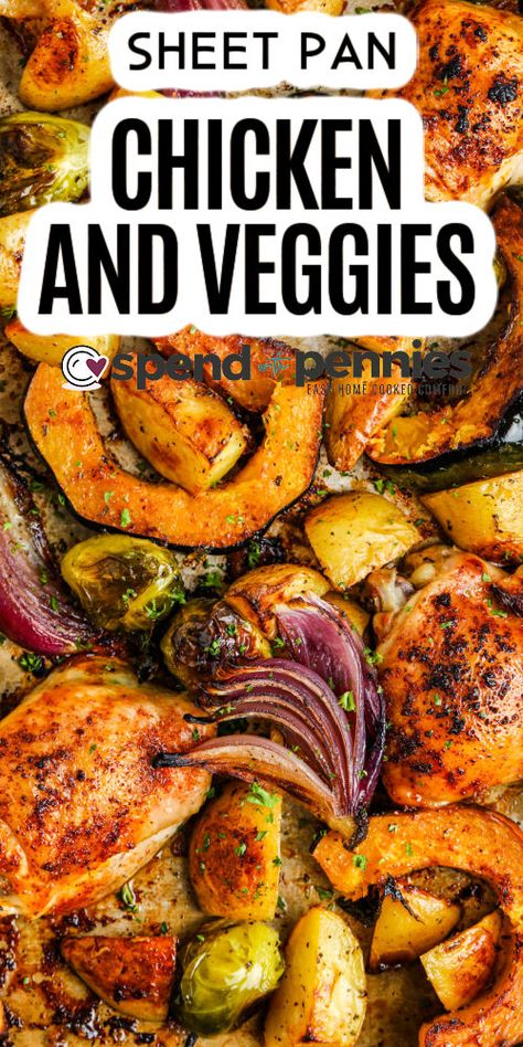 This sheet pan chicken and veggies recipe is a winning meal in one. In this recipe, chicken thighs are roasted with a pan full of vegetables. They are all coated in a sweet balsamic glaze and then cooked until they are crispy and golden. Serve this meal for dinner tonight and make the whole family happy.  #sheetpanchickenandveggies #sheetpanchickenandvegetables #sheetpanchickenrecipes #spendwithpennies Chicken Recipes In A Pan, Baked Chicken And Vegetables Recipes, Sheet Pan Chicken Quarters, One Pan Recipes Healthy, Sheet Pan Roasted Chicken And Vegetables, Chicken Thigh Sheet Pan Recipes, One Pan Chicken And Vegetables, Chicken Breast Sheet Pan Dinner, Chicken And Veggies One Pan