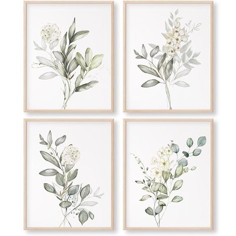 Amazon.com: Botanical Watercolor Art Prints (Set of 4) - 8x10 (Unframed) | Boho Leaves and Flowers Wall Decor | Minimalist Floral Artwork for your Home, WFH Office, Kitchen, Dining Room, Bedroom, and Bathroom : Handmade Products Wfh Office, Flowers Wall Decor, Wall Decor Minimalist, Boho Leaves, Botanical Art Prints, Art Folder, Minimalist Wall Decor, Cafe Interior Design, Botanical Watercolor