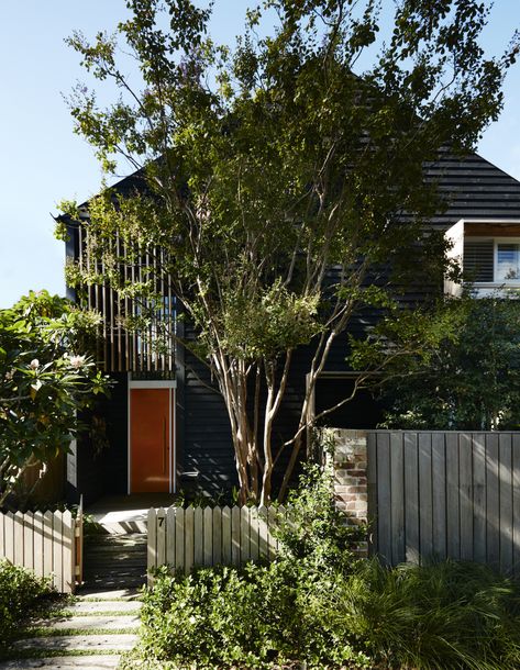 A large plumeria (a request of Dangar’s wife, Julia) adds to the “more subtropical” mix of plantings in the front yard, alongside a tall crape myrtle that partially shields the house from the street. The front door is painted a bold red-orange—a custom mix developed by interior designer Briony Fitzgerald. Garden Ideas Australia, Modern Barn Style, Derelict House, Australian Garden Design, Residential Landscaping, Recycled Brick, Garden At Home, Australian Landscape, Landscape Designer