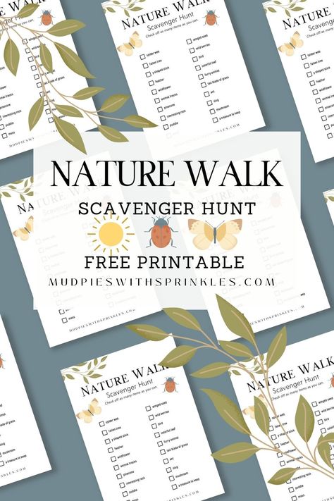 Nature walk scavenger hunt printable in bold black text with watercolor greenery, yellow and brown butterflies, and bright red ladybug free printables arranged on a bluish-gray background with large green leaves for decoration. Nature Walk Printable, Walk Scavenger Hunt, Nature Walk Activities, Nature Scavenger Hunt Printable, Nature Walk Scavenger Hunt, Fun Printables For Kids, Limit Screen Time, Fall Scavenger Hunt, Nature Hunt