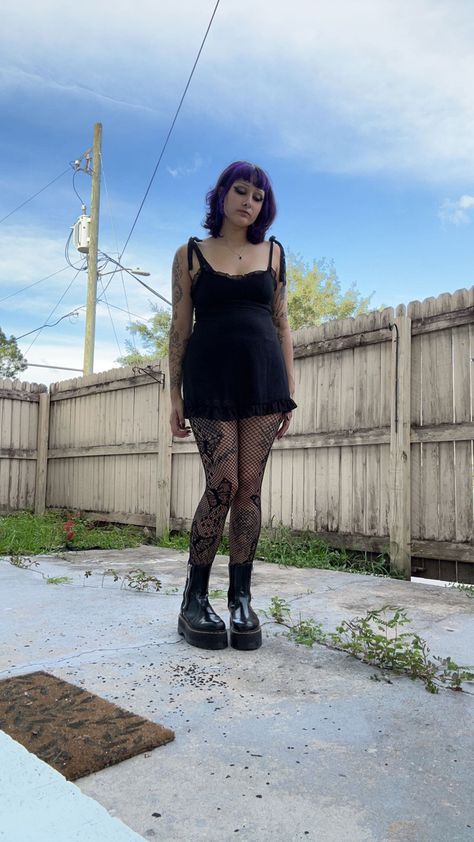 Black dress and fish nets with doc marten platforms #alternativegirl #alternative #alternativefashion #blackdress #goth #fashion #fishnets #docmartensstyle #platform #boots Doc Marten Platform, Fish Nets, Doc Martens Style, Doc Marten, Alternative Girls, Doc Martens, Goth Fashion, Platform Boots, Alternative Fashion